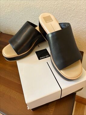 Dolce Vita Black Leather Slide Mules with Neutral Footbed